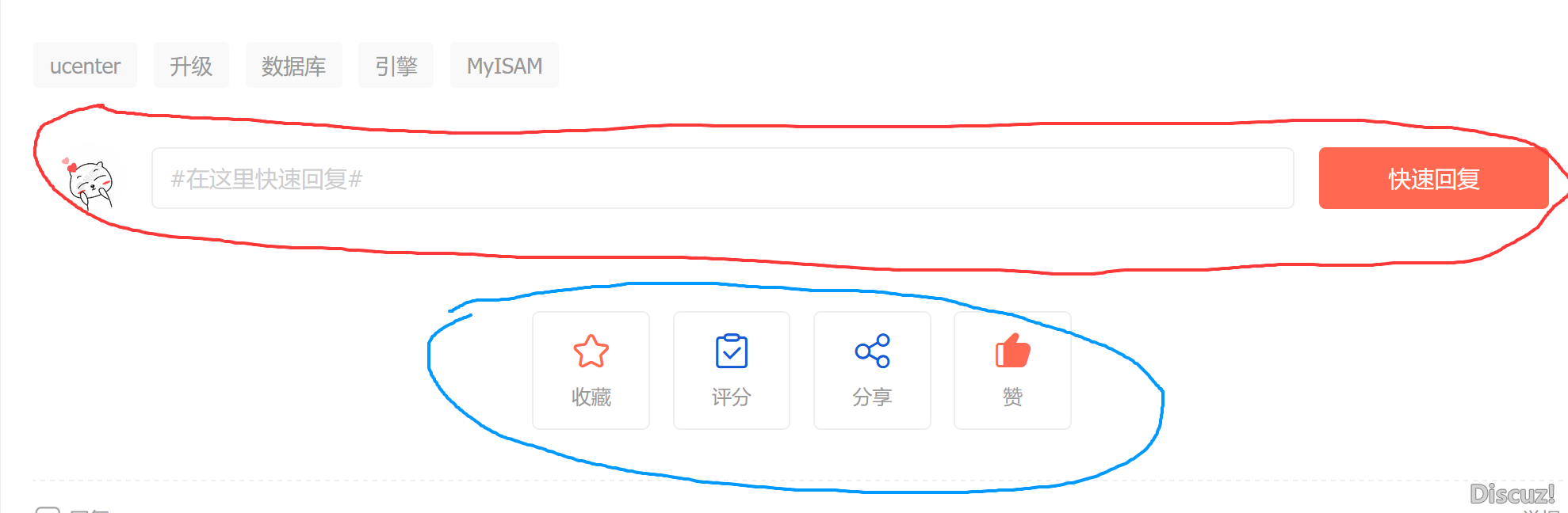 如圖所示，帖子下方的這個快速回復是在哪設置開啟？還有下面的收藏，評分和贊怎么打開？